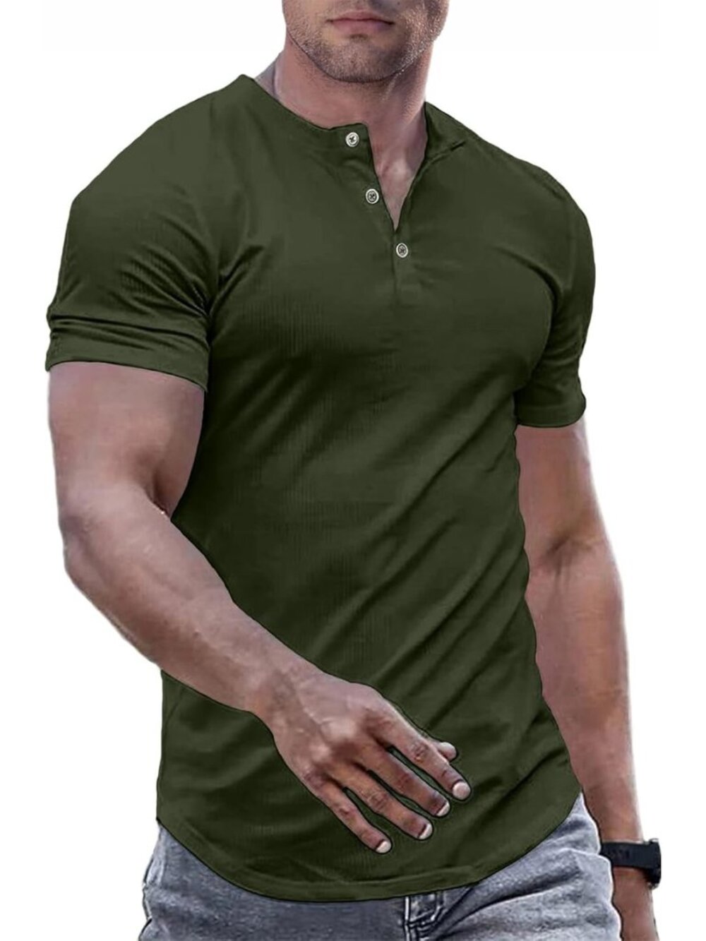 Men's Green Muscle Slim Henley Crewneck Longline Athletic Button Tees Shirts